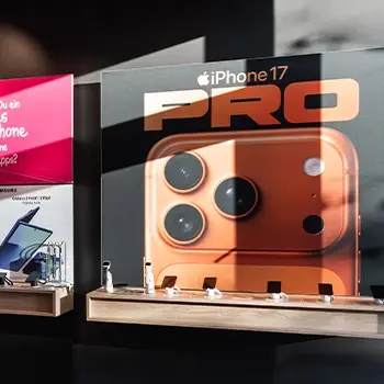 Werbeplakat für iPhone 17 Pro mit Kamera-Detail in Schaufensterdisplay